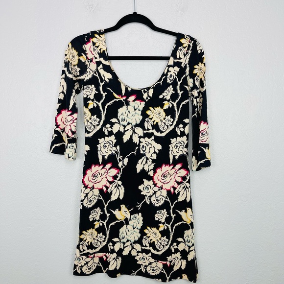 Diane Von Furstenberg Silk Black Cream Floral Bird Mini Shift Dress - Picture 2 of 6